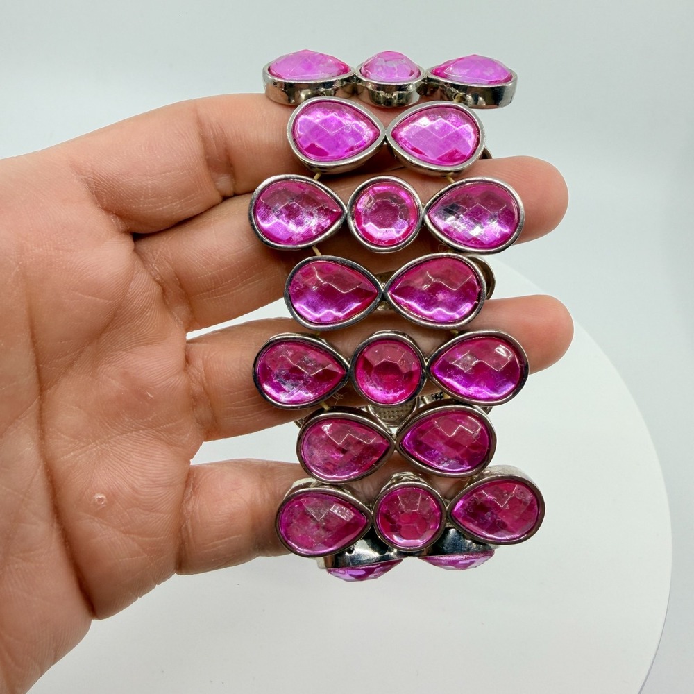 Vintage Y2K Magenta Pink Tear Drop‎ Statement Cuff Stretch Bracelet Silver Tone